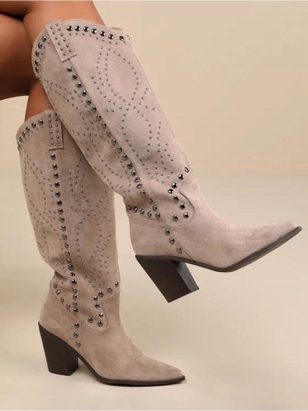 Lulu's Taupe Suede Studded Over-the-Knee Boots